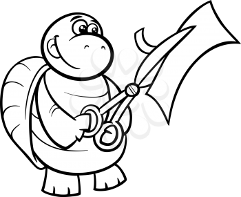Black and White Cartoon Illustration of Funny Turtle Animal Character Cutting Paper with Scissors for Coloring Book