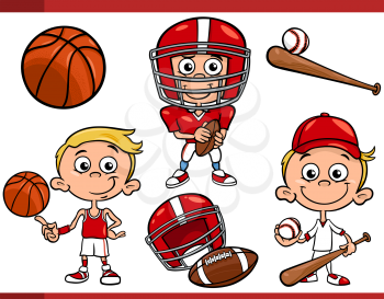Cartoon Illustration of Funny Boy with American Football and Basketball and Baseball Sport Equipment