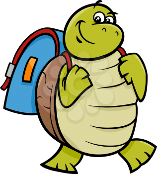 Cartoon Illustration of Happy Turtle Animal Character with Satchel or School Bag