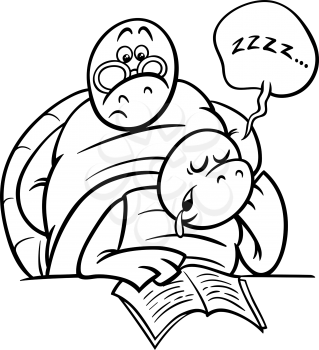 Black and White Cartoon Illustration of Funny Turtle Animal Character Sleeping in Classroom for Coloring Book