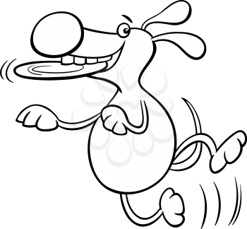Black and White Cartoon Illustration of Funny Dog Character with Frisbee for Coloring Book