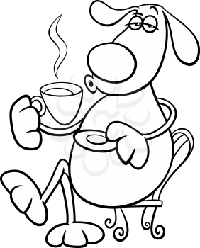 Black and White Cartoon Illustration of Funny Dog Character Drinking Coffee for Coloring Book