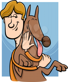 Cartoon Illustration of Man Giving a Hug to his Dog
