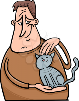 Cartoon Illustration of Man Stroking his Cat or Kitten