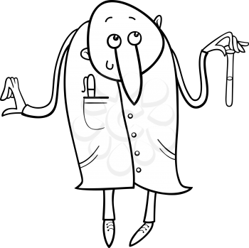 Black and White Cartoon Illustration of Funny Scientist with Mixture in Vial for Coloring Book