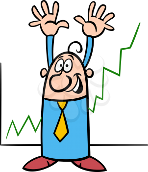 Black and White Concept Cartoon Illustration of Happy Businessman and Economic Growth