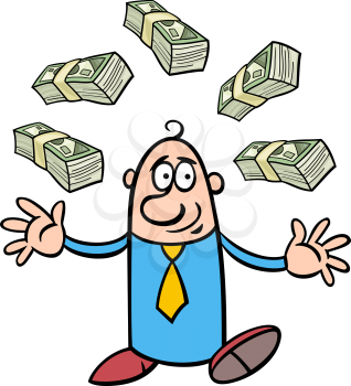 Black and White Concept Cartoon Illustration of Happy Businessman Juggling Money