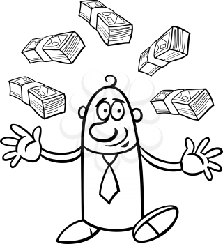 Black and White Black and White Concept Cartoon Illustration of Happy Businessman Juggling Money