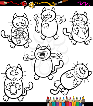 Coloring Book or Page Cartoon Illustration of Black and White Funny Cats Set