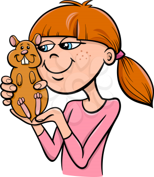 Cartoon Illustration of Teen Girl with Hamster Pet