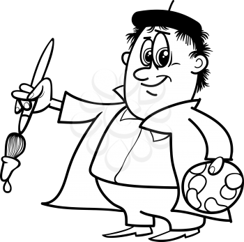 Black and White Cartoon Illustration of Painter Artist with Palette and Brush for Coloring Book