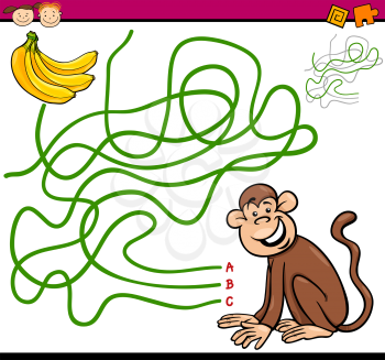 Cartoon Illustration of Education Path or Maze Game for Preschool Children with Monkey and Banana