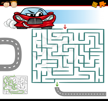 Cartoon Illustration of Education Maze or Labyrinth Game for Preschool Children with Funny Car