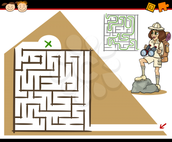 Cartoon Illustration of Education Maze or Labyrinth Game for Preschool Children with Girl Traveler and Pyramid