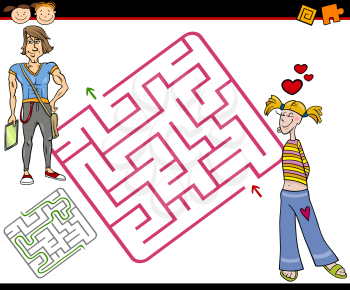Cartoon Illustration of Education Maze or Labyrinth Game for Preschool Children with Teenagers in Love