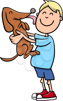 Cartoon Illustration of Boy with Dog or Puppy