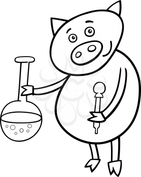 Black and White Cartoon Illustration of Funny Pig Animal Character on Chemistry Lesson with Vial for Coloring Book
