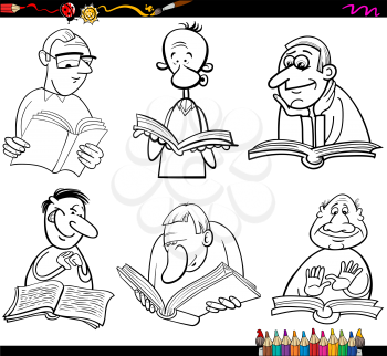 Coloring Book Cartoon Illustration Set of Readers Characters with Books