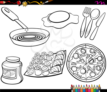 Coloring Book Cartoon Illustration of Kitchen and Food Objects Clip Arts Set