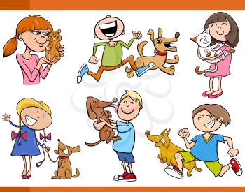 Cartoon Illustration of Kids with Pets Characters Set
