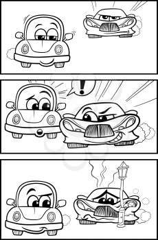 Black and White Cartoon Illustration of Cars on the Road Comic Story for Coloring Book