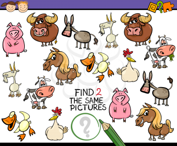 Cartoon Illustration of Finding the Same Picture Educational Game for Preschool Children