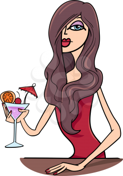 Cartoon Illustration of Beautiful Sexy Woman in Red Dress with Drink in the Bar
