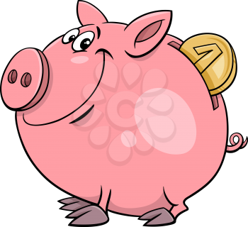 Cartoon Illustration of Cute Piggy Bank with Gold Coin