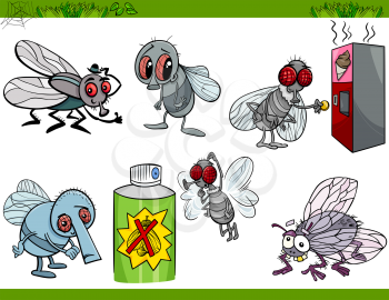 Cartoon Humorous Illustration of Funny Flies Insects Set