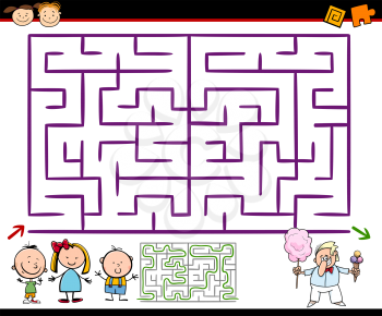 Cartoon Illustration of Education Maze or Labyrinth Game for Preschool Children with Playground