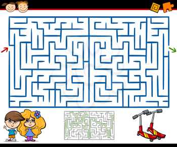 Cartoon Illustration of Education Maze or Labyrinth Game for Preschool Children with Playground