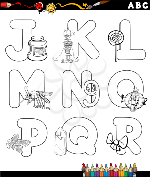 Black and White Cartoon Illustration of Capital Letters Alphabet with Objects for Children Education from J to R for Coloring Book