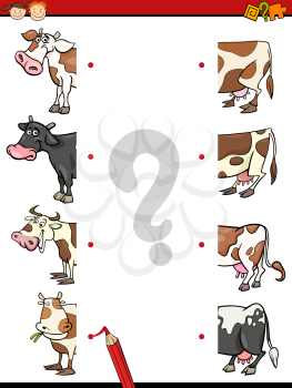 Cartoon Illustration of Education Matching Elements Halves Game for Preschool Children with Cow Animal Characters