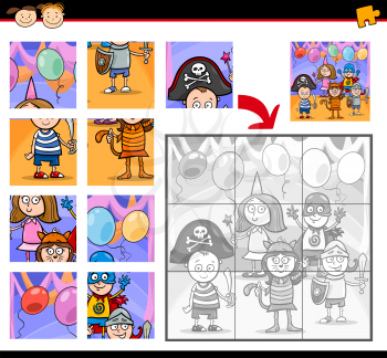 Cartoon Illustration of Education Jigsaw Puzzle Game for Preschool Children with Kids on Masked Ball 