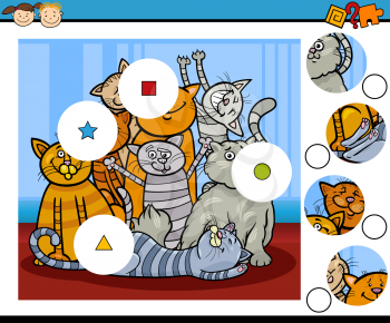 Cartoon Illustration of Match the Pieces Educational Game for Preschool Children with Cats Animal Characters