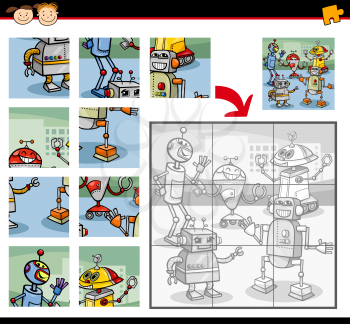 Cartoon Illustration of Education Jigsaw Puzzle Game for Preschool Children with Robots Characters Group