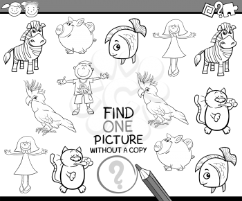 Black and White Cartoon Illustration of Finding Picture without a Pair Educational Game for Preschool Children