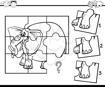 Black and White Cartoon Illustration of Jigsaw Puzzle Education Game for Preschool Children with Elephant for Coloring