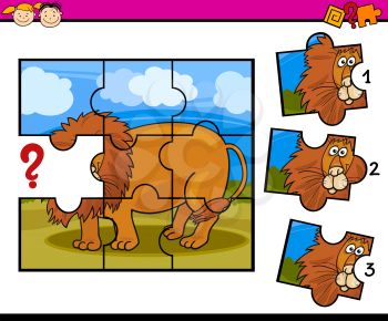 Cartoon Illustration of Jigsaw Puzzle Education Game for Preschool Children with Lion