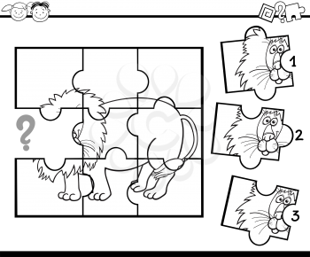 Black and White Cartoon Illustration of Jigsaw Puzzle Education Game for Preschool Children with Lion for Coloring