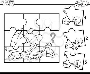 Black and White Cartoon Illustration of Jigsaw Puzzle Education Game for Preschool Children with Turtle for Coloring