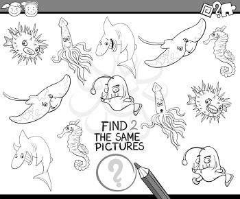Black and White Cartoon Illustration of Kindergarten Educational Game for Preschool Children with Sea Animals Coloring Page