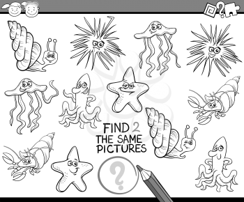 Black and White Cartoon Illustration of Preschool Educational Game for Children with Sea Life Animals for Coloring Book