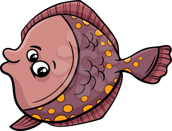 Cartoon Illustration of Funny Flounder Fish Sea Life Animal