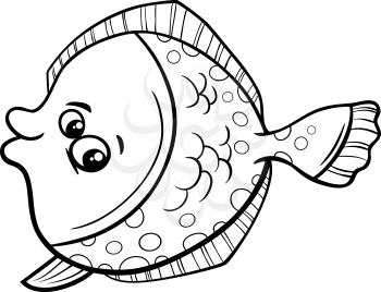 Black and White Cartoon Illustration of Funny Flounder Fish Sea Life Animal for Coloring Book