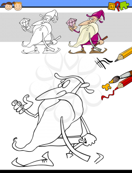 Cartoon Illustration of Drawing and Coloring Educational Task for Preschool Children with Dwarf Fantasy Character