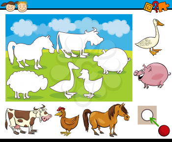 Cartoon Illustration of Educational Task for Preschool Children with Farm Animal Characters