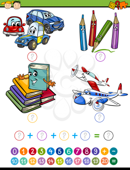 Cartoon Illustration of Education Mathematical Addition Task for Preschool Children