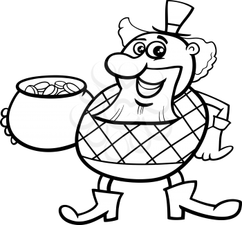 Black and White Cartoon Illustration of Leprechaun with Pot of Gold on Saint Patrick Day Holiday for Coloring Book