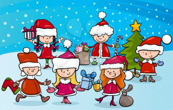 Cartoon Illustration of Children as Santa Claus on Christmas Time